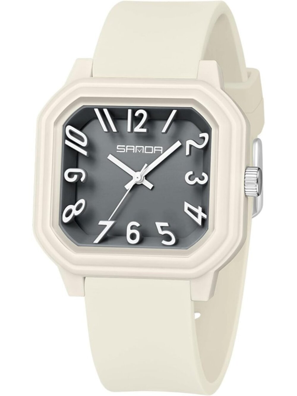 Women’s Khaki Big Arabic Numbers Silicone Strap Casual Analog Square Wrist Watch